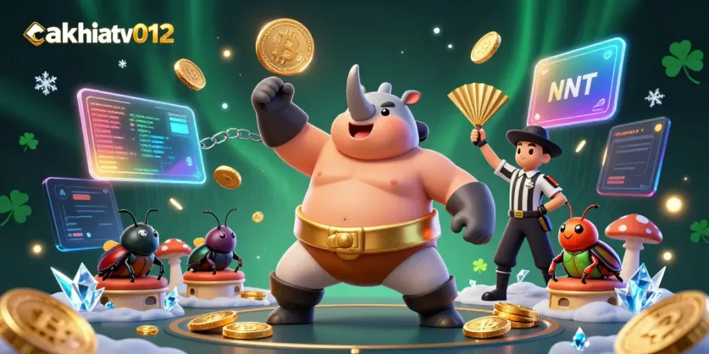 Cakhiatv012 captures a competitive sumo wrestling scene with a beetle champion sending coins flying, ideal for crypto casino enthusiasts.
