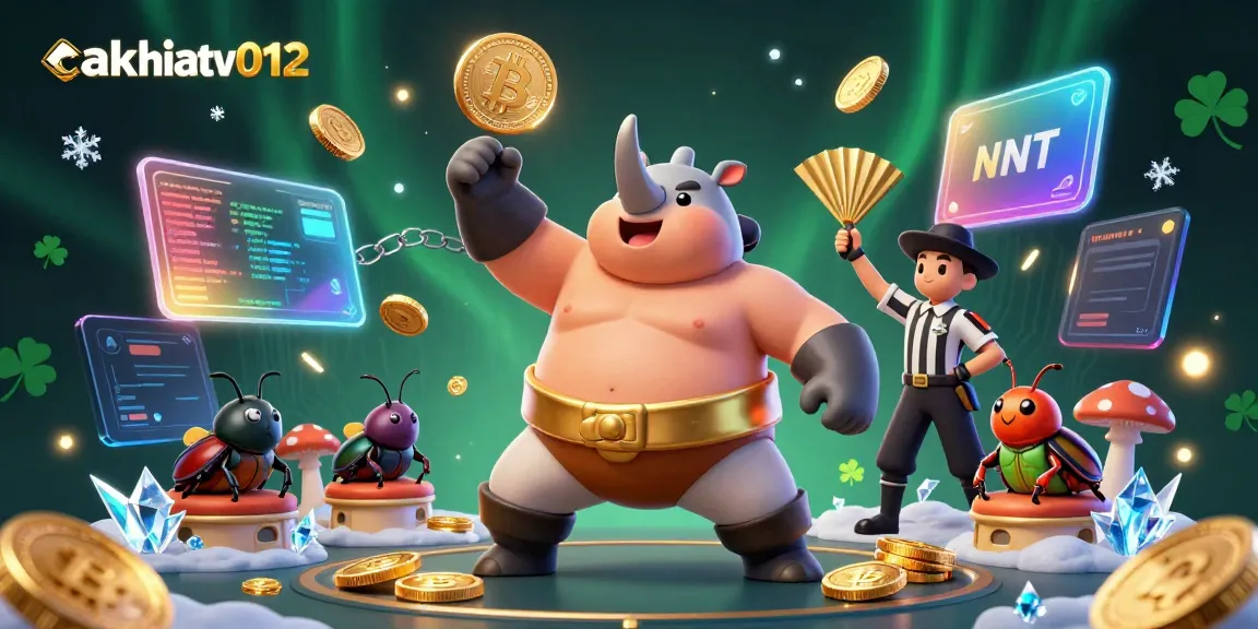 Cakhiatv012 captures a competitive sumo wrestling scene with a beetle champion sending coins flying, ideal for crypto casino enthusiasts.