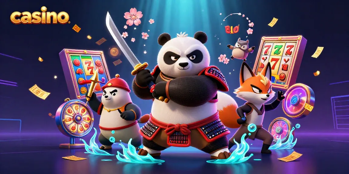 Engaging 3D casino illustration featuring a fierce samurai panda, ninja fox, and magical tanuki with colorful gaming elements.