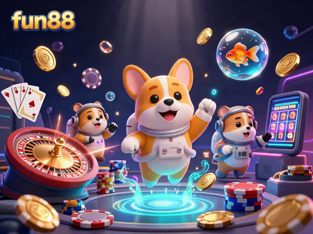 Experience thrilling fun88 gaming inside a zero-gravity casino with playful characters and vibrant game elements.