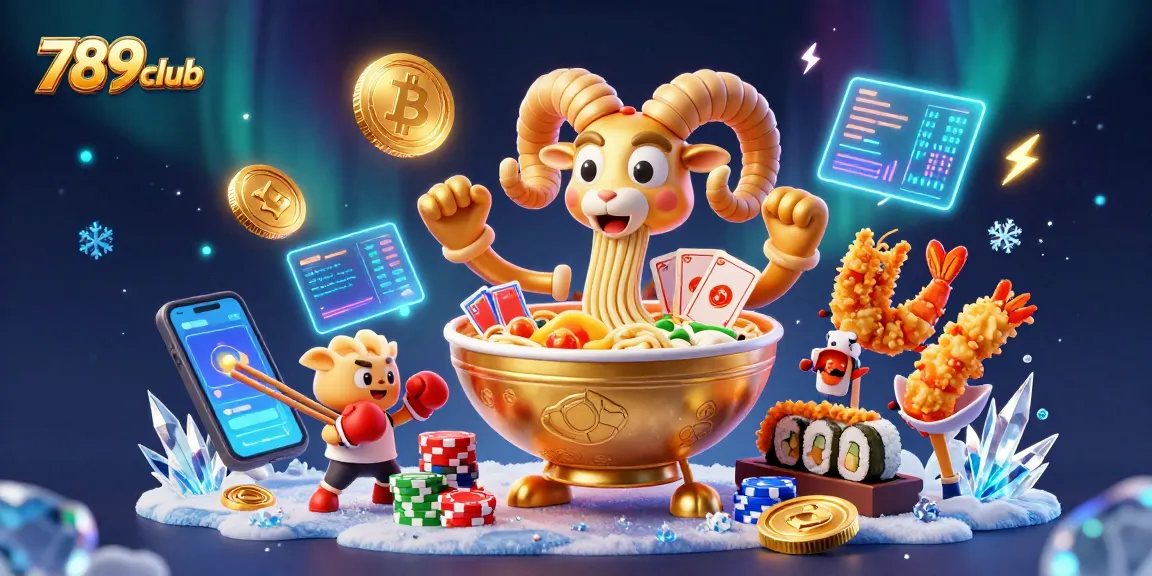 Engage with 789club through an entertaining scene featuring a golden ramen bowl dealer, crypto coins, and vibrant cheerleaders.