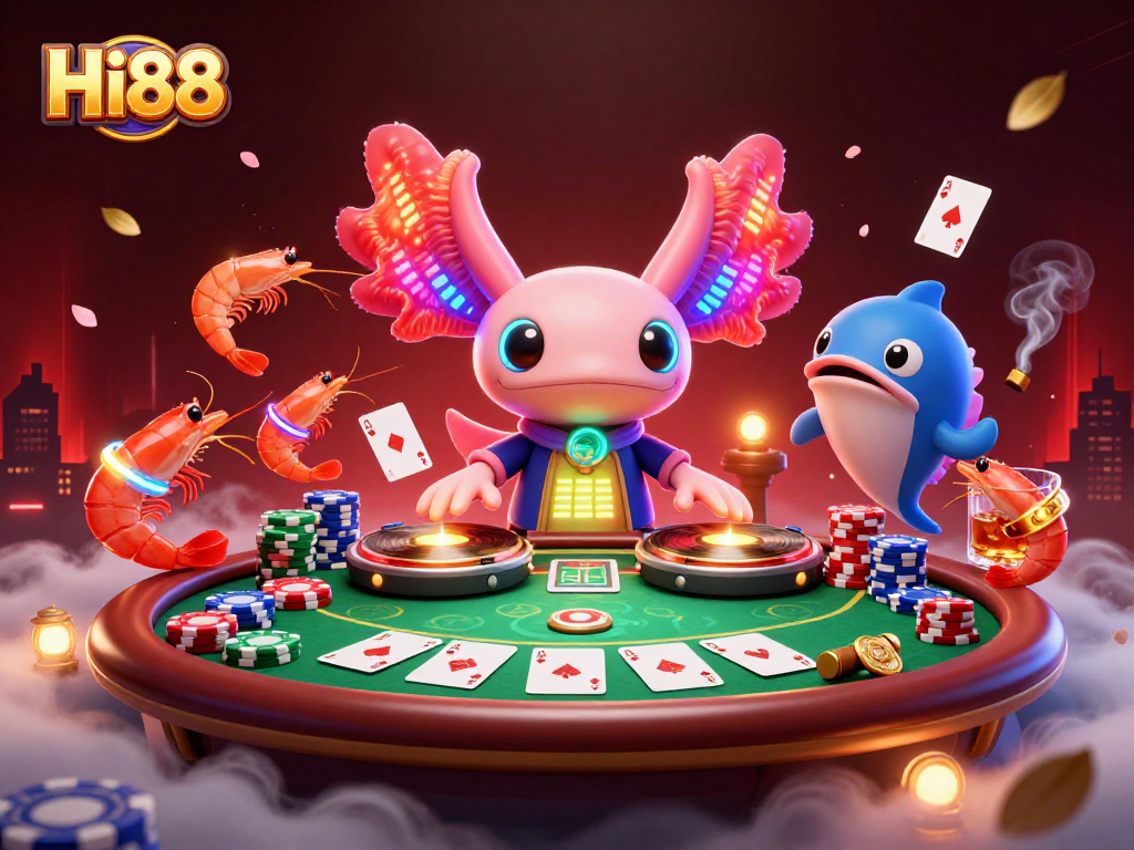 Engage with Hi88's vibrant gaming world featuring a neon axolotl DJ and dynamic action.