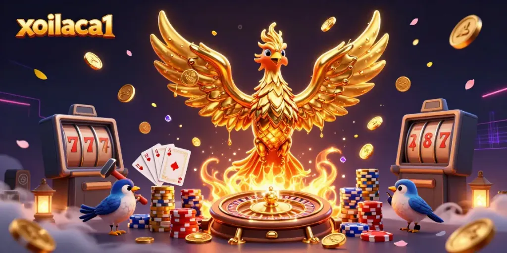 Xoilaca1 showcases a dazzling gambling scene with a phoenix and dynamic casino elements.