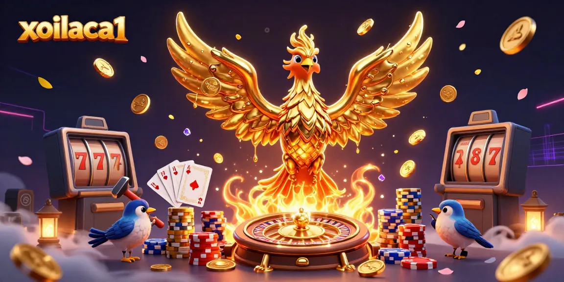 Xoilaca1 showcases a dazzling gambling scene with a phoenix and dynamic casino elements.