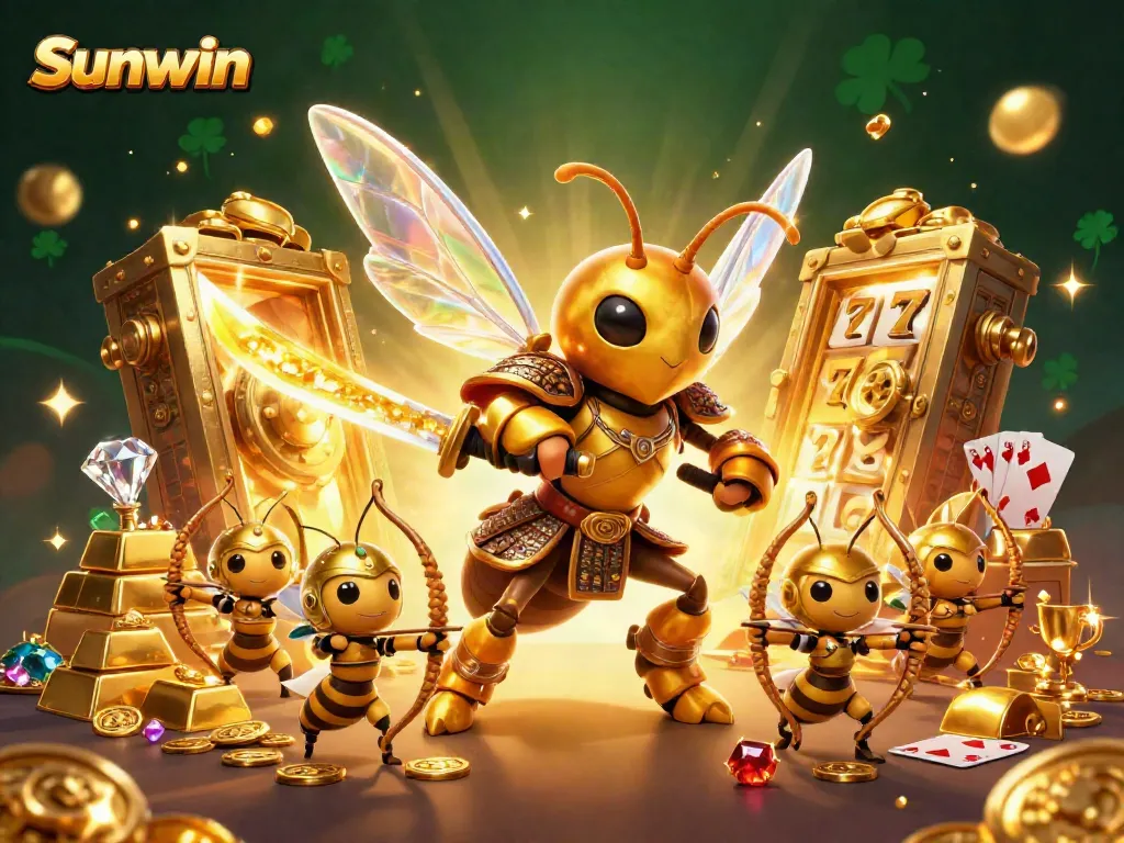 Sunwin gaming illustration featuring a dynamic scene of a golden hornet in samurai armor amid rich casino elements.