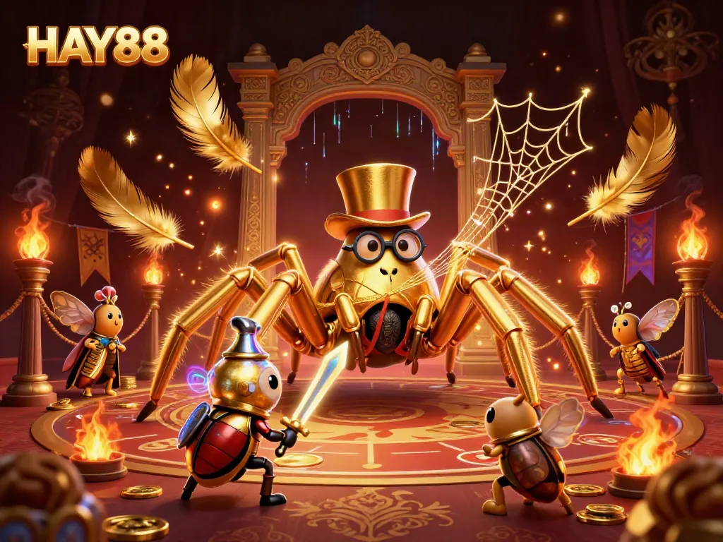 Engage with HAY88's thrilling casino adventure featuring a golden tarantula and brave beetle knight.