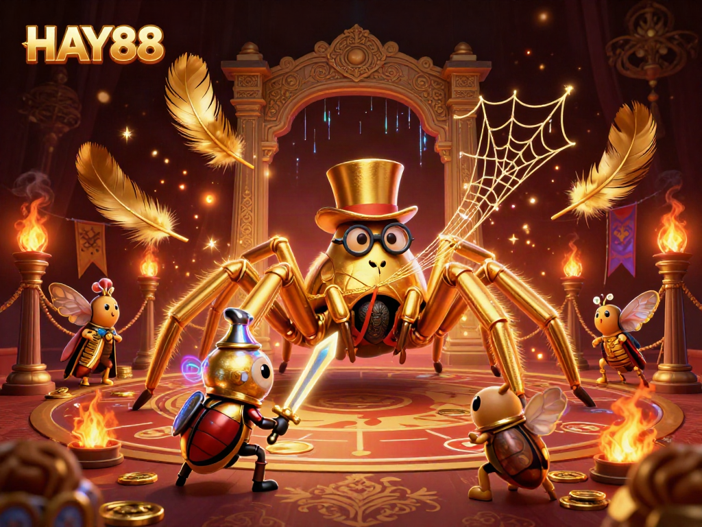 Engage with HAY88's thrilling casino adventure featuring a golden tarantula and brave beetle knight.