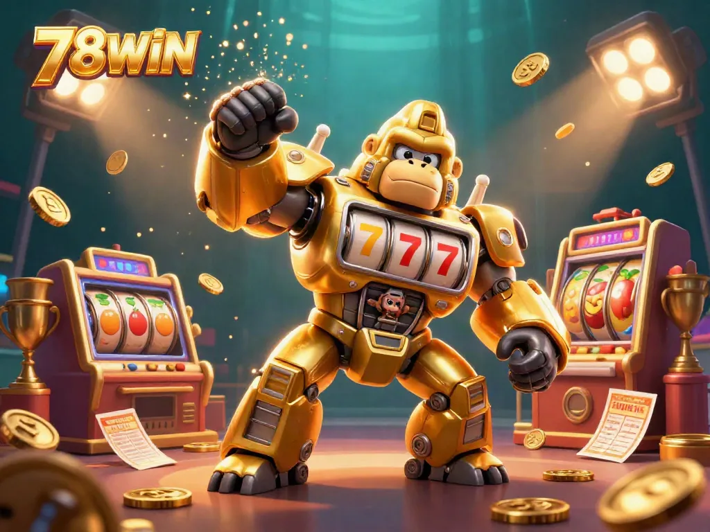 Engage with 78WIN's thrilling casino experience, showcasing a gorilla mech with slot machine parts surrounded by dynamic game elements.