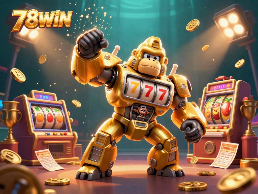 Engage with 78WIN's thrilling casino experience, showcasing a gorilla mech with slot machine parts surrounded by dynamic game elements.