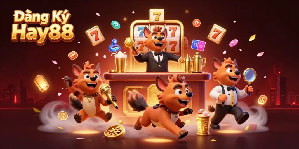 Engage in thrilling moments with Đăng Ký Hay88 amidst a vibrant casino scene featuring entertaining hyenas.