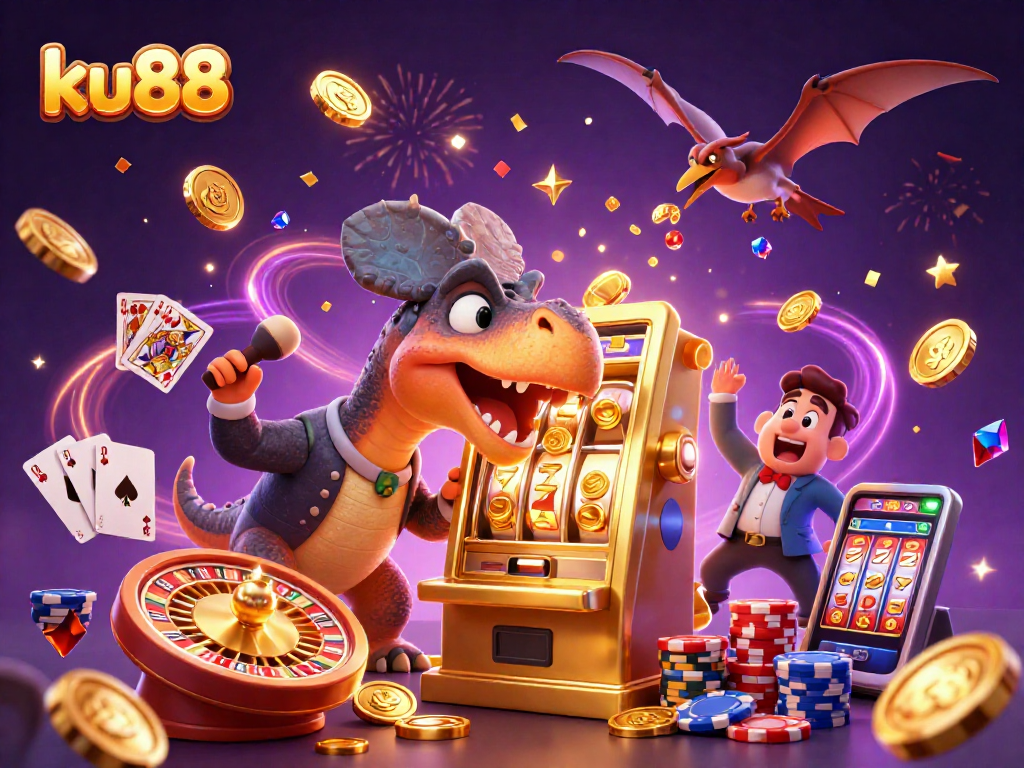Action-packed ku88 casino illustration with a dinosaur winning jackpots and coins flying