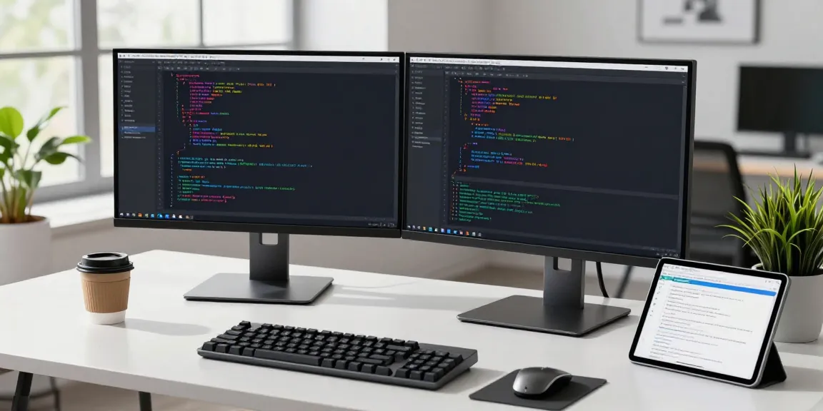 Developer utilizing instant indexing tools at a modern workspace with dual monitors and coding interface.