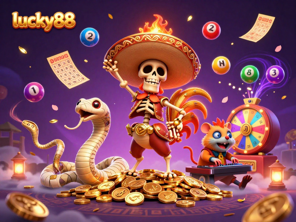 Spin to win with lively lucky88 characters enjoying a jackpot celebration amid vibrant casino elements.