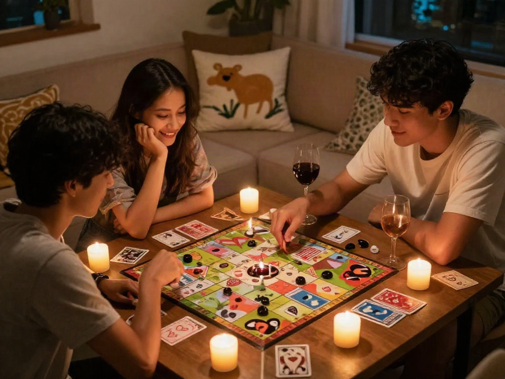 Couple enjoying a romantic sex game in a cozy indoor setting.