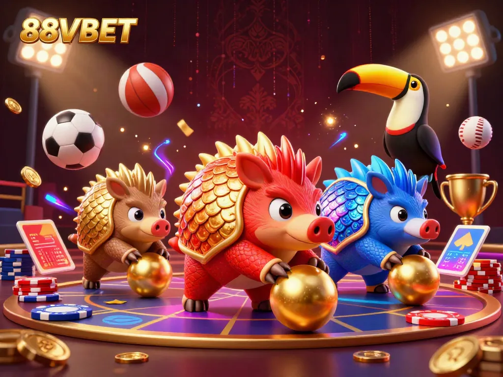 Bet on excitement with 88VBET as pangolins compete amidst colorful casino elements and sports balls.