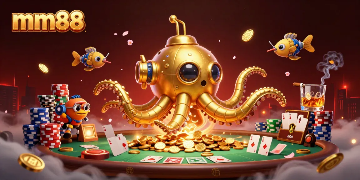 Experience thrilling wins at mm88 with a dazzling golden kraken submarine and vibrant casino elements.
