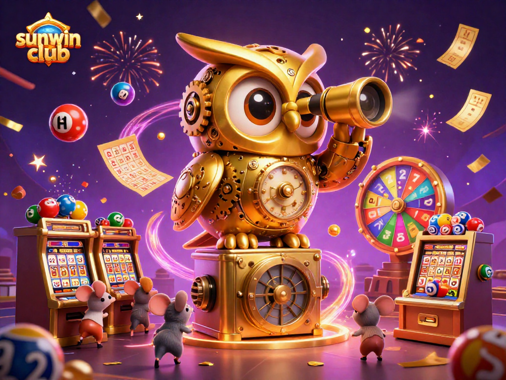 Sunwin Club's vibrant casino scene features a golden owl surveying slot machines while firework effects enhance the atmosphere.