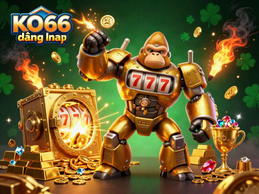Experience excitement at KO66 đăng nhập with a dynamic 3D scene of a golden gorilla mech and treasure.