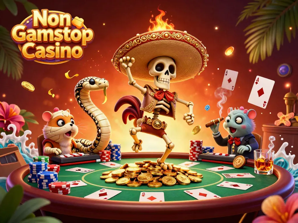 Experience the thrill of a Non Gamstop Casino with a lively 3D scene featuring festive characters.