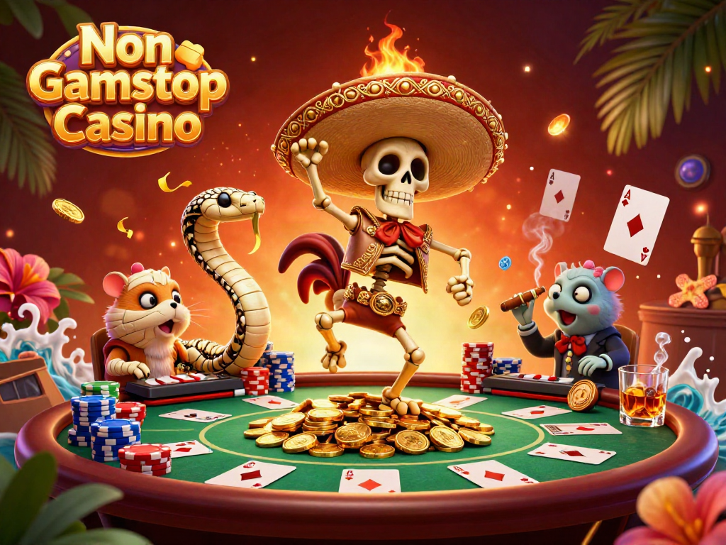 Experience the thrill of a Non Gamstop Casino with a lively 3D scene featuring festive characters.