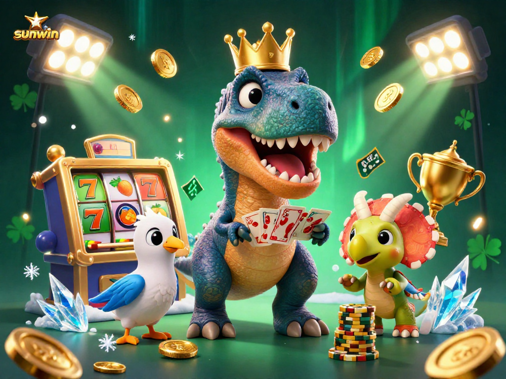 Sunwin characters enjoy a casino showdown with golden chips, slots, and dynamic sports elements.
