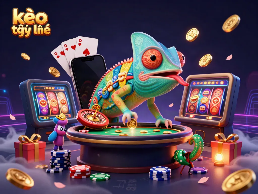 Enjoy thrilling kèo trực tuyến action with a chameleon casino owner amidst vibrant gaming elements.