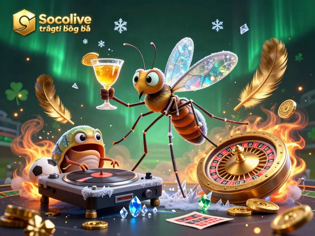 Socolive trực tiếp bóng đá showcases a lively scene of a mosquito casino mascot, trilobite DJ, and ammonite roulette wheel with vibrant sports betting elements.