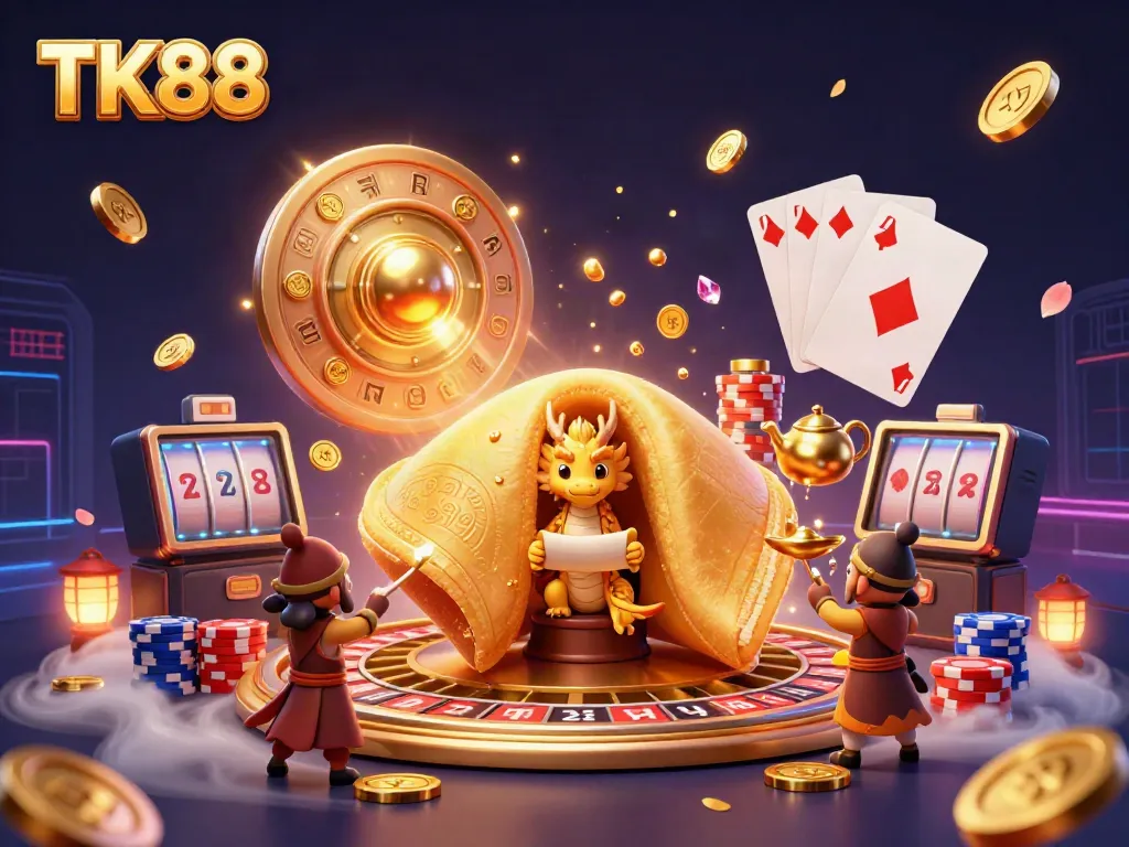 Engage with TK88's vibrant 3D casino scene featuring opulent golden elements and playful characters.