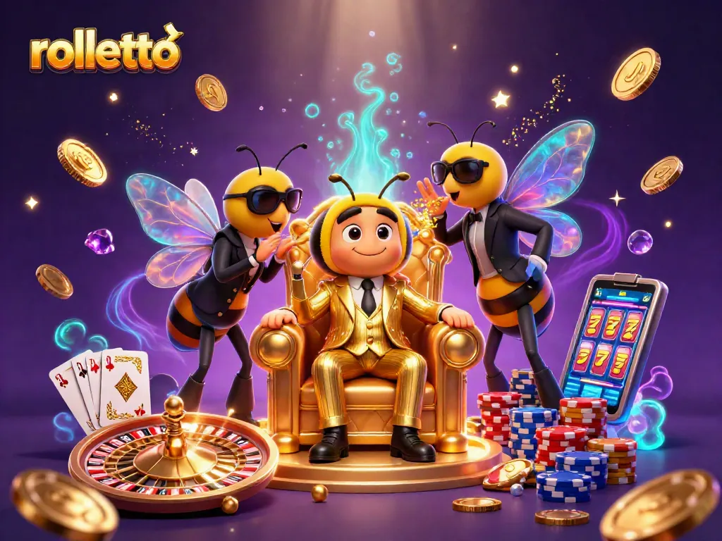 Experience exciting wins at rolletto casino with a vibrant 3D scene filled with animated characters and casino elements.