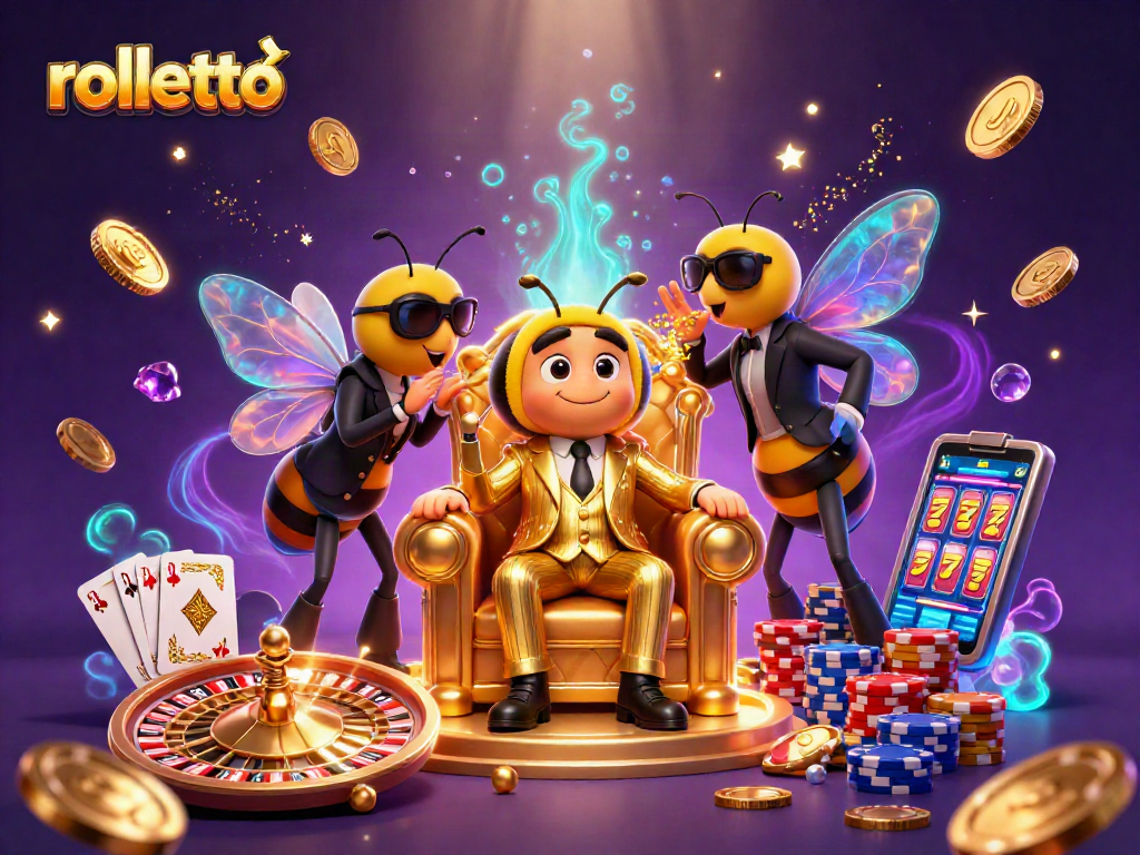 Experience exciting wins at rolletto casino with a vibrant 3D scene filled with animated characters and casino elements.
