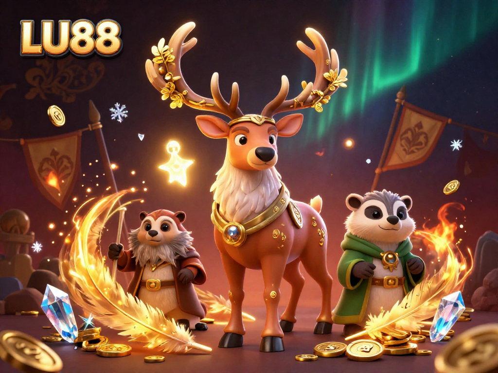 LU88 casino scene featuring a Celtic stag, wise badger, and gaming elements, rich in visual detail.