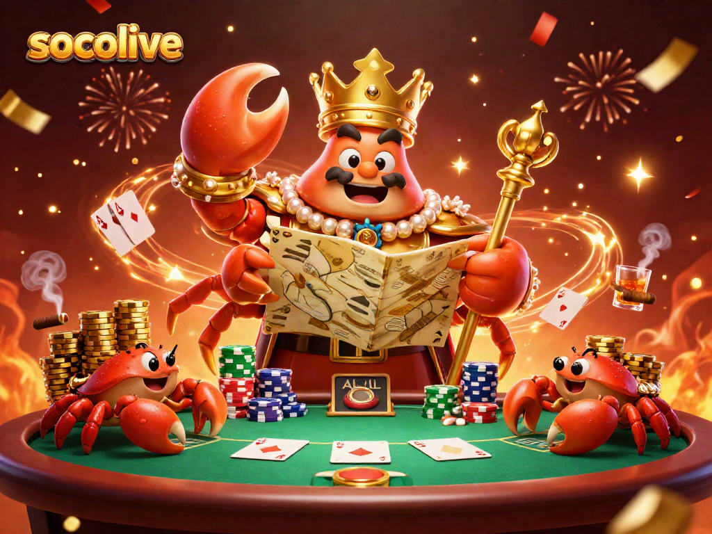 Socolive showcases a massive golden crab emperor ruling a vibrant poker scene filled with energy and winning moments.