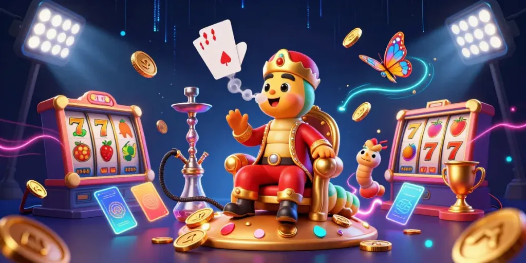 Engage in tai xiu with a vibrant 3D scene featuring a caterpillar master and dynamic gaming symbols.