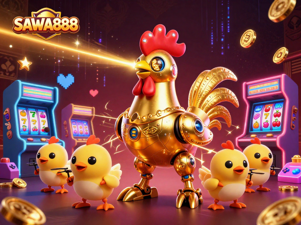 Experience thrilling spins with SAWA888, featuring vibrant casino elements and a dynamic golden rooster robot.