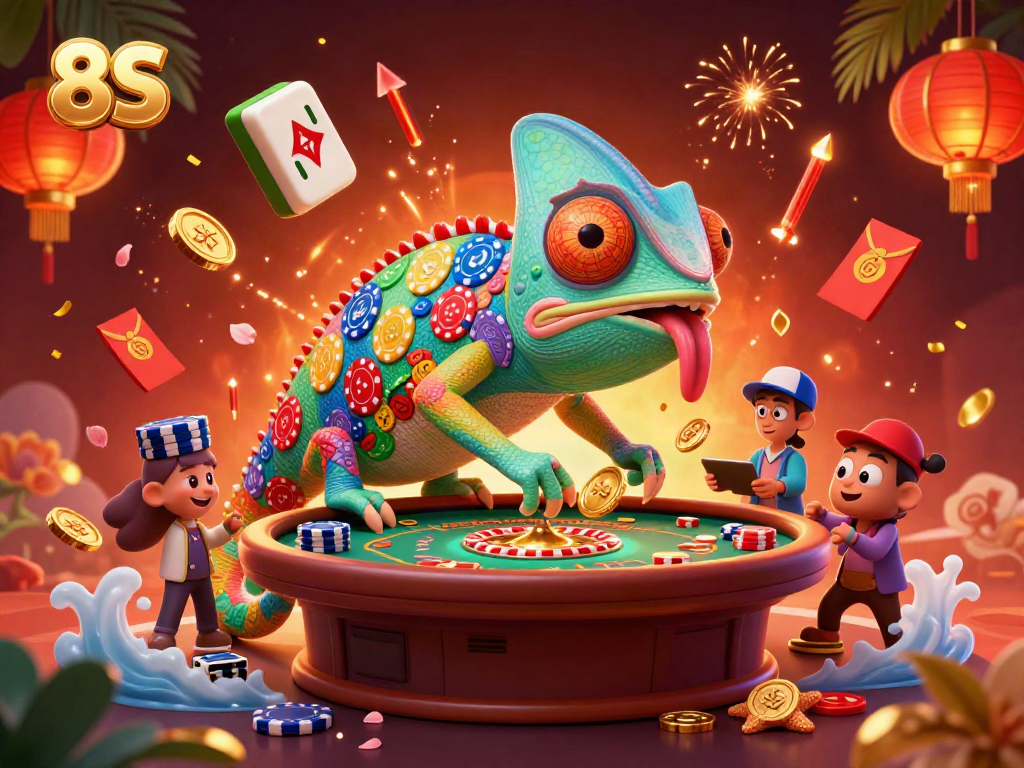 Experience the vibrant 8S casino world with a chameleon owner snapping coins in a dynamic illustration.