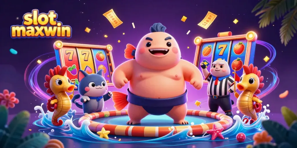 Witness thrilling slot maxwin action with a lively fugu, catfish referee, and vibrant casino elements.