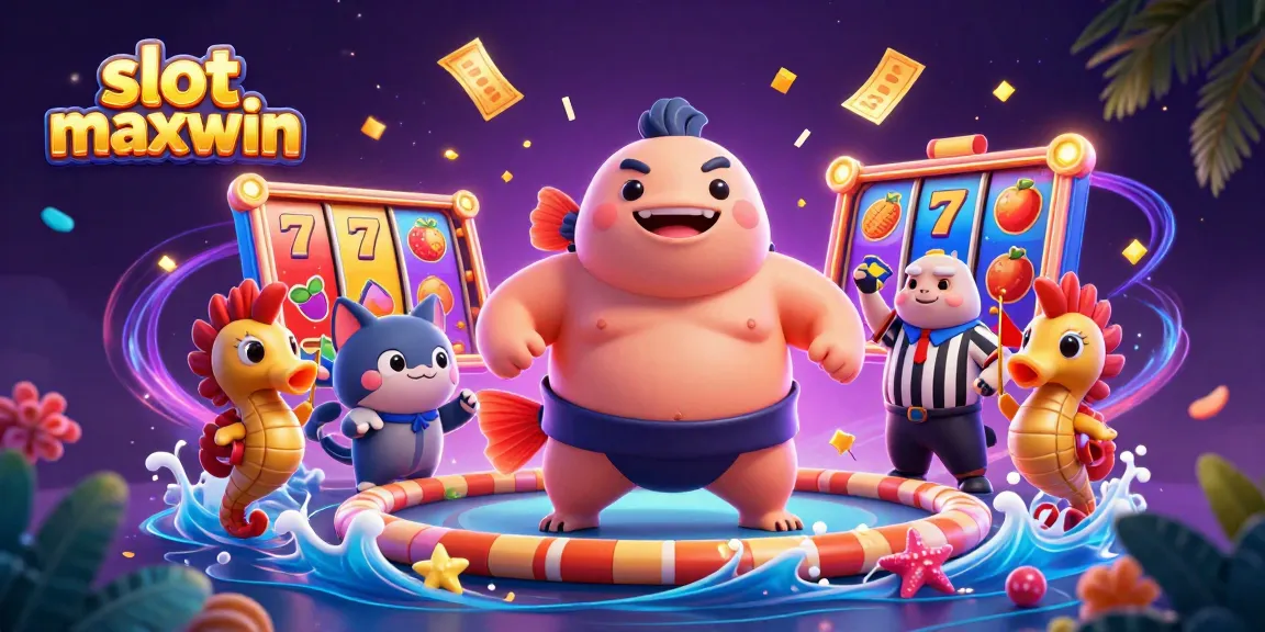Witness thrilling slot maxwin action with a lively fugu, catfish referee, and vibrant casino elements.