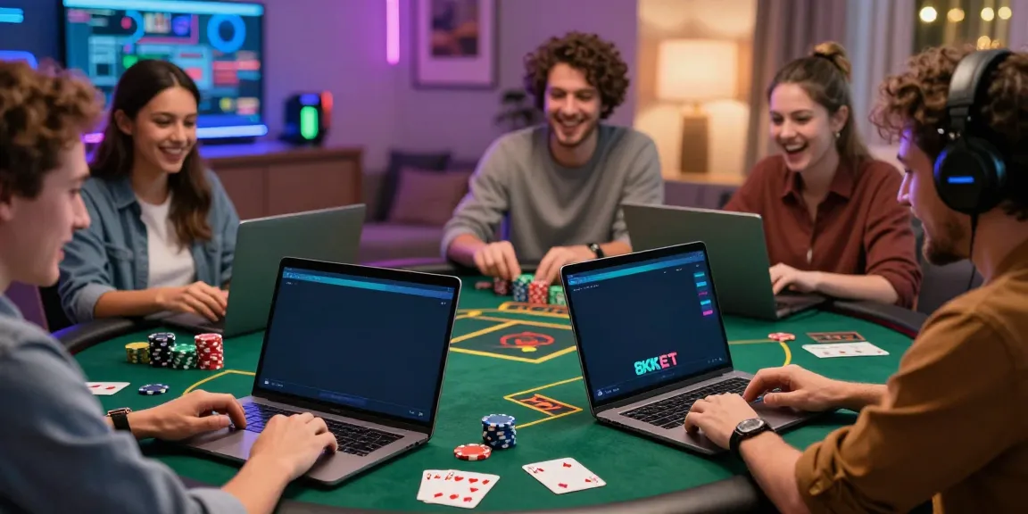 Exciting group of friends enjoying live casino games on 8KBET while showcasing user-friendly interface on laptops.