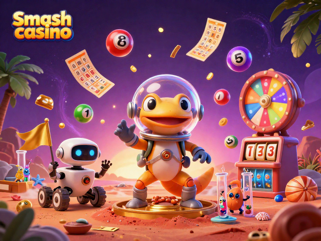 Engage with Smash casino's thrilling atmosphere featuring a Martian gecko and vibrant gaming elements.