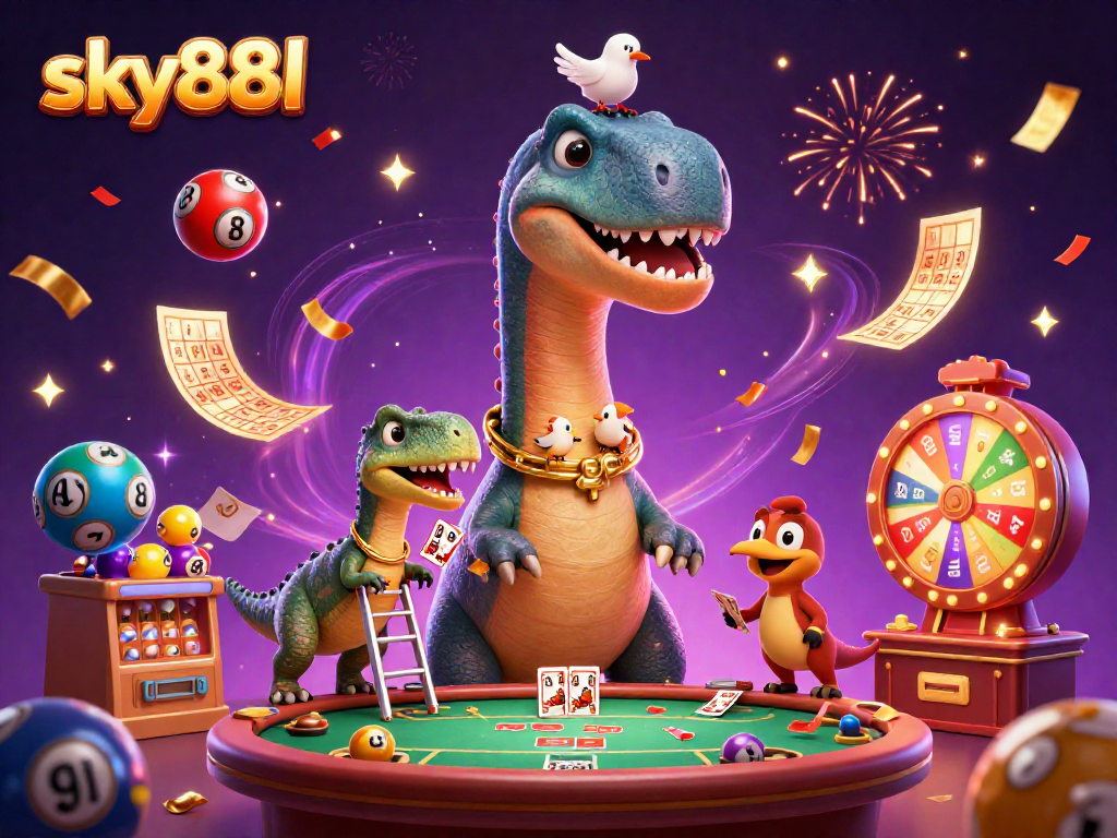 Experience exciting moments at sky88l with a whimsical brontosaurus and raptor dealer in a vibrant casino scene.