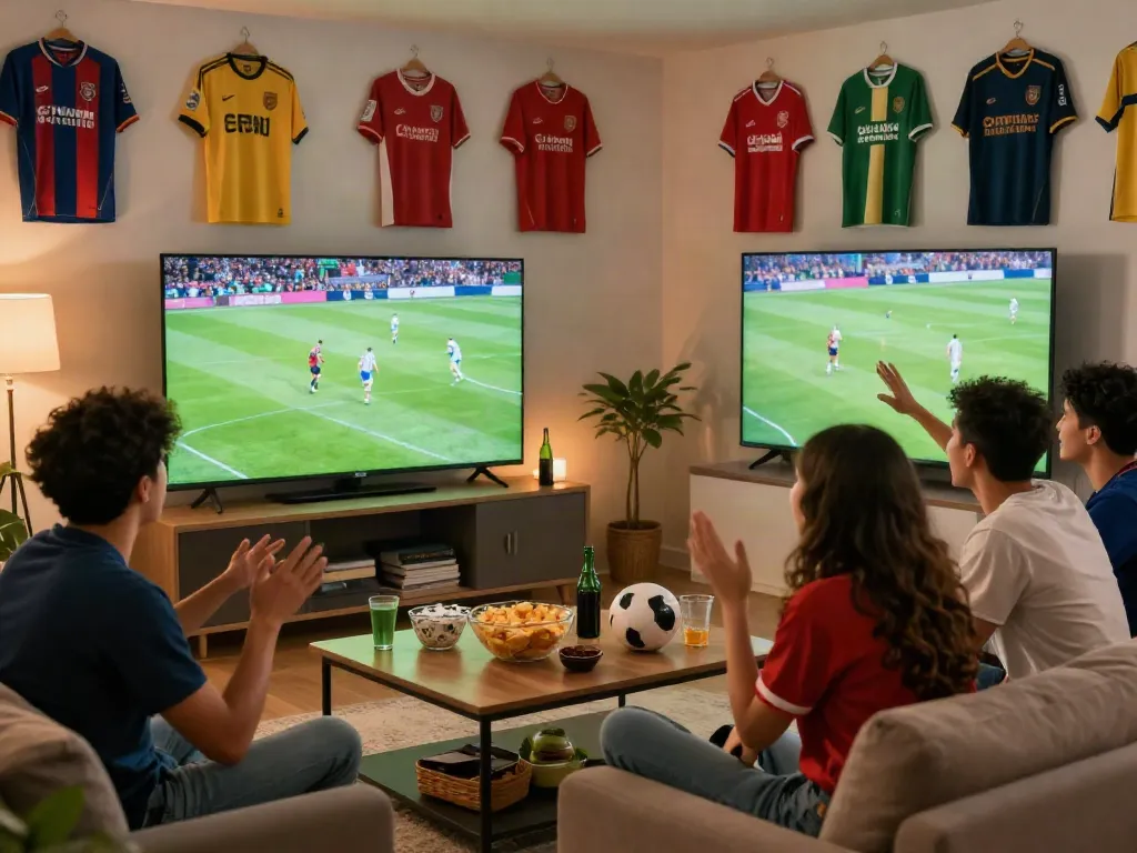 Friends enjoying a live football match on Xoilactv with snacks and excitement.