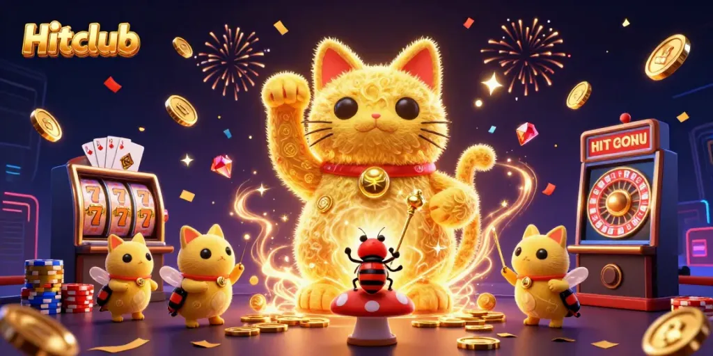 Hitclub's dynamic lucky cat visualizing thrilling slot game excitement with vibrant casino elements