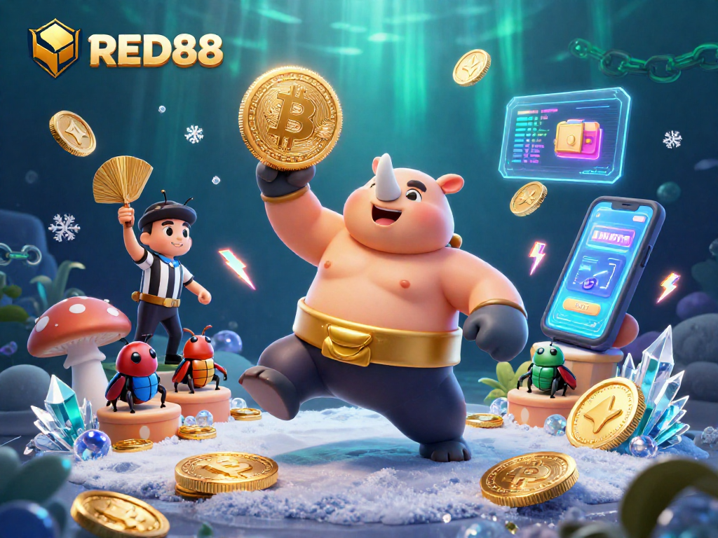Experience excitement at RED88 as a sumo champion beetle stomps coins amidst crypto elements.