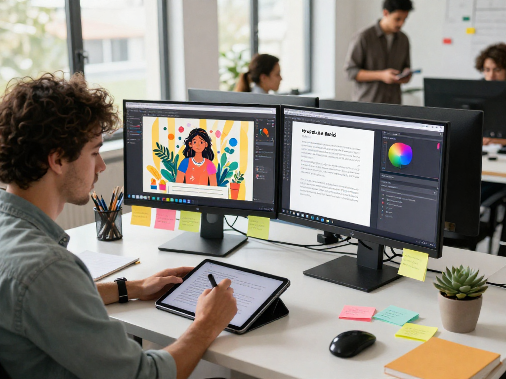 Dynamic workspace with designer using nsfw ai on tablet, dual monitors showcasing creative concepts.