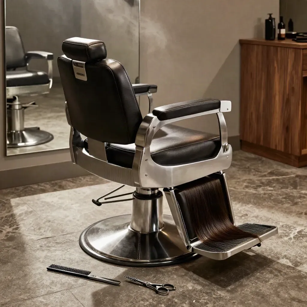 Modern barber chair, scissors and clipper dock with fresh hair on the floor in a sleek salon bay.