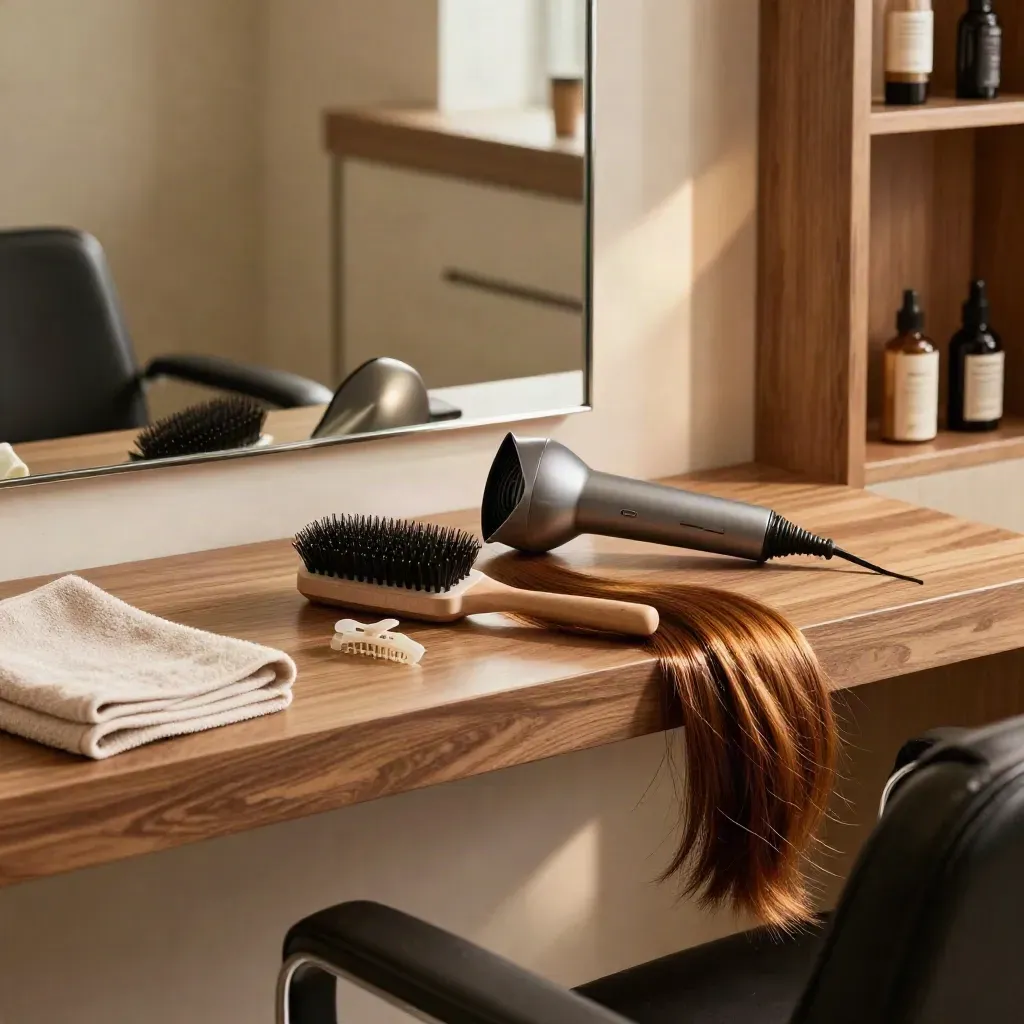 Sunlit women’s cut and blow-dry station with brush, diffuser, clips, towel, and glossy hair swatch.