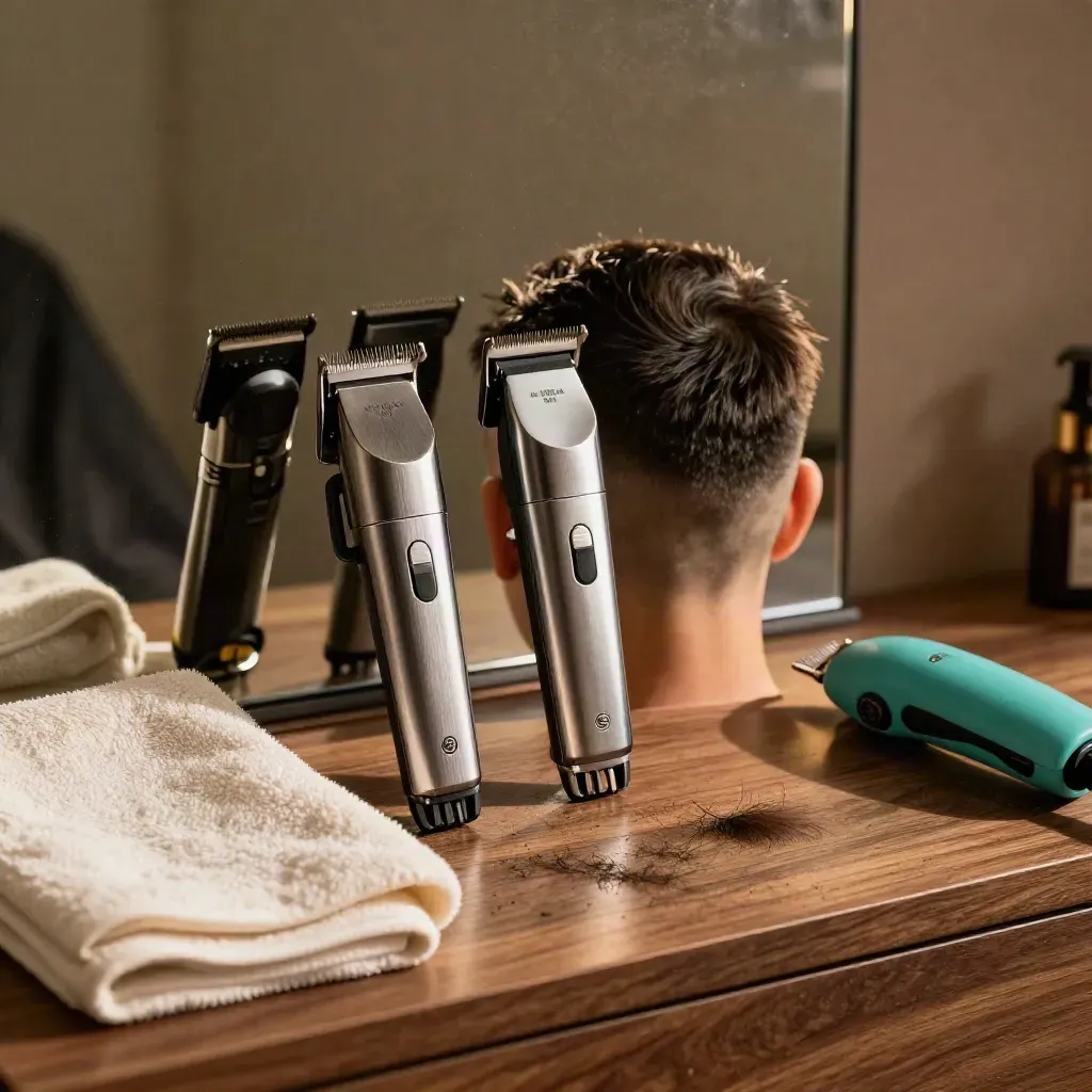 Skin fade on a training head beside clippers, guards and towel in warm barber light.