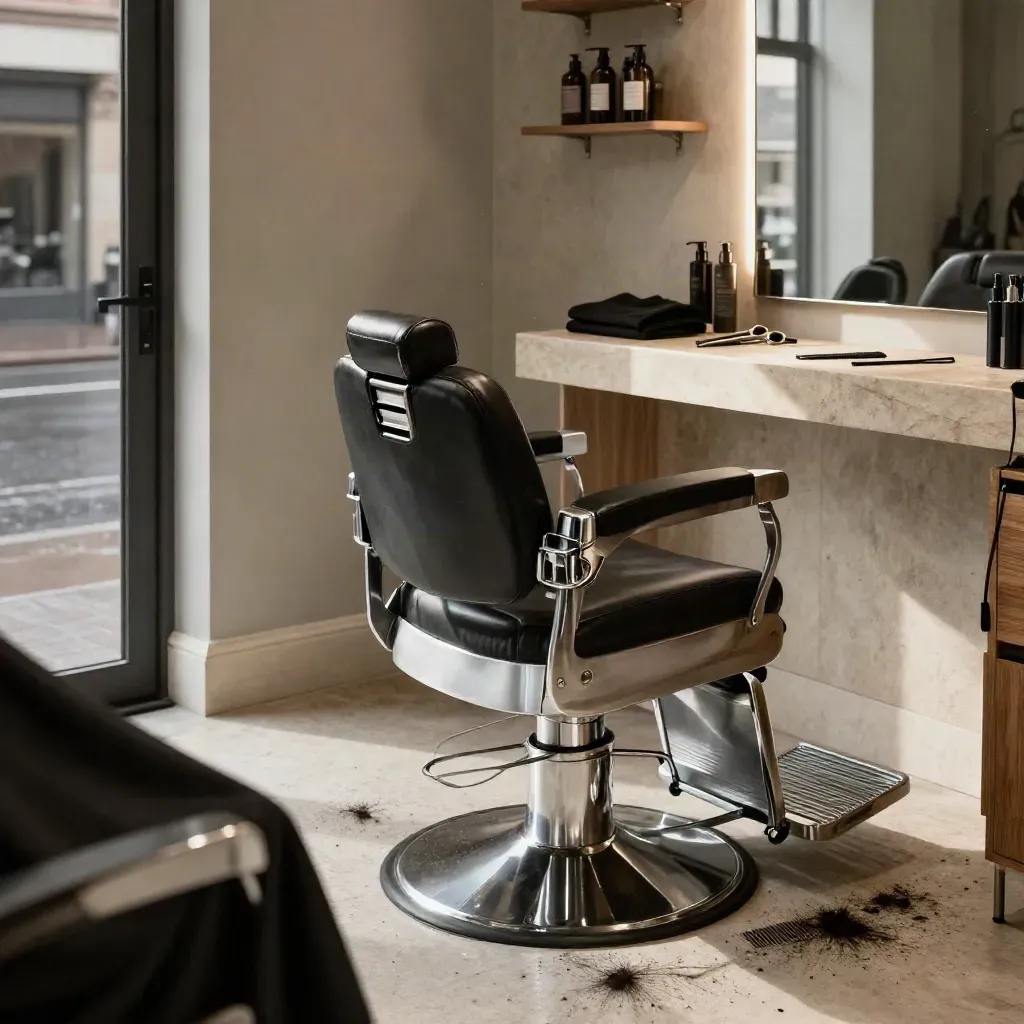 Moody Cut Edge salon bay with chair, clippers, scissors and light through haze