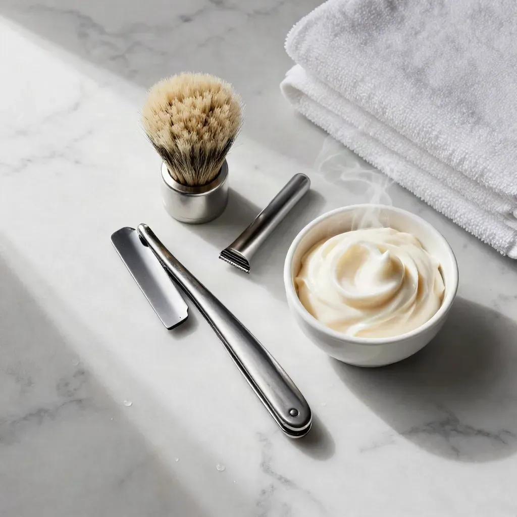 Top-down beard trim tools on marble with steam rising from a lather bowl
