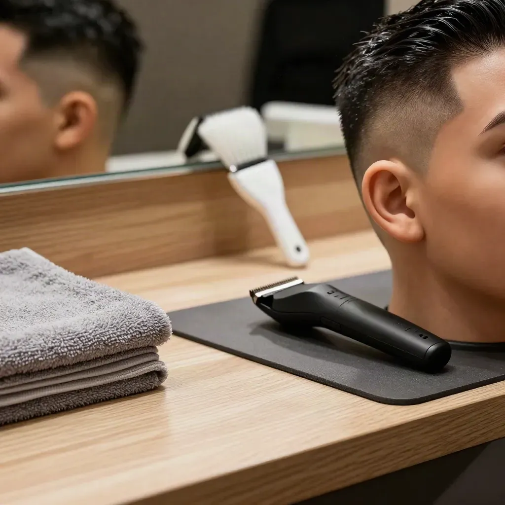 Training head with fresh skin fade beside towels, trimmer and brush in a warm salon station.